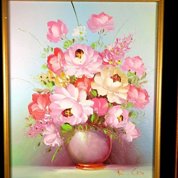 Robert Cox 14x15" Signed Oil Painting Pink Rose Bouquet Vintage Floral Art - Picture 6 of 10